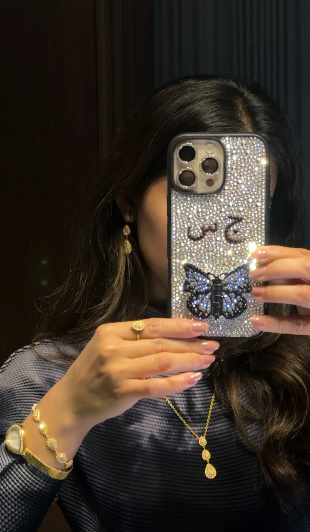 Moving Butterfly Phone Grip Design with your Arabic Initials (Design #423) - Crystal Iced