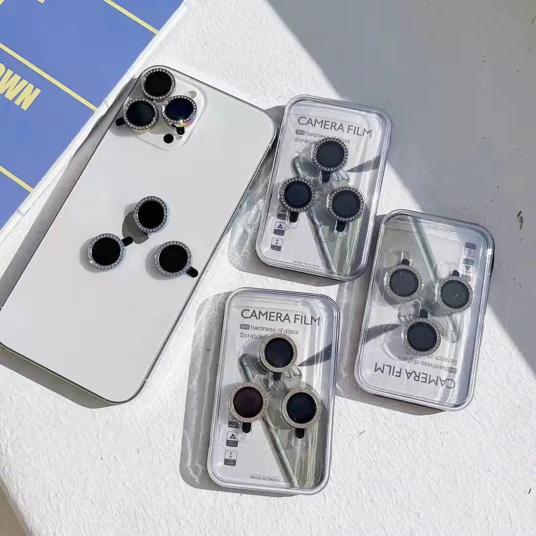Crystal Bling Camera Protector Ring for iPhone HD Tempered Glass - Crystal Iced