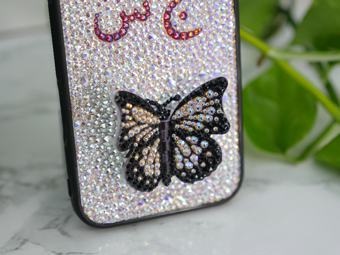 Moving Butterfly Phone Grip Design with your Arabic Initials (Design #423) - Crystal Iced