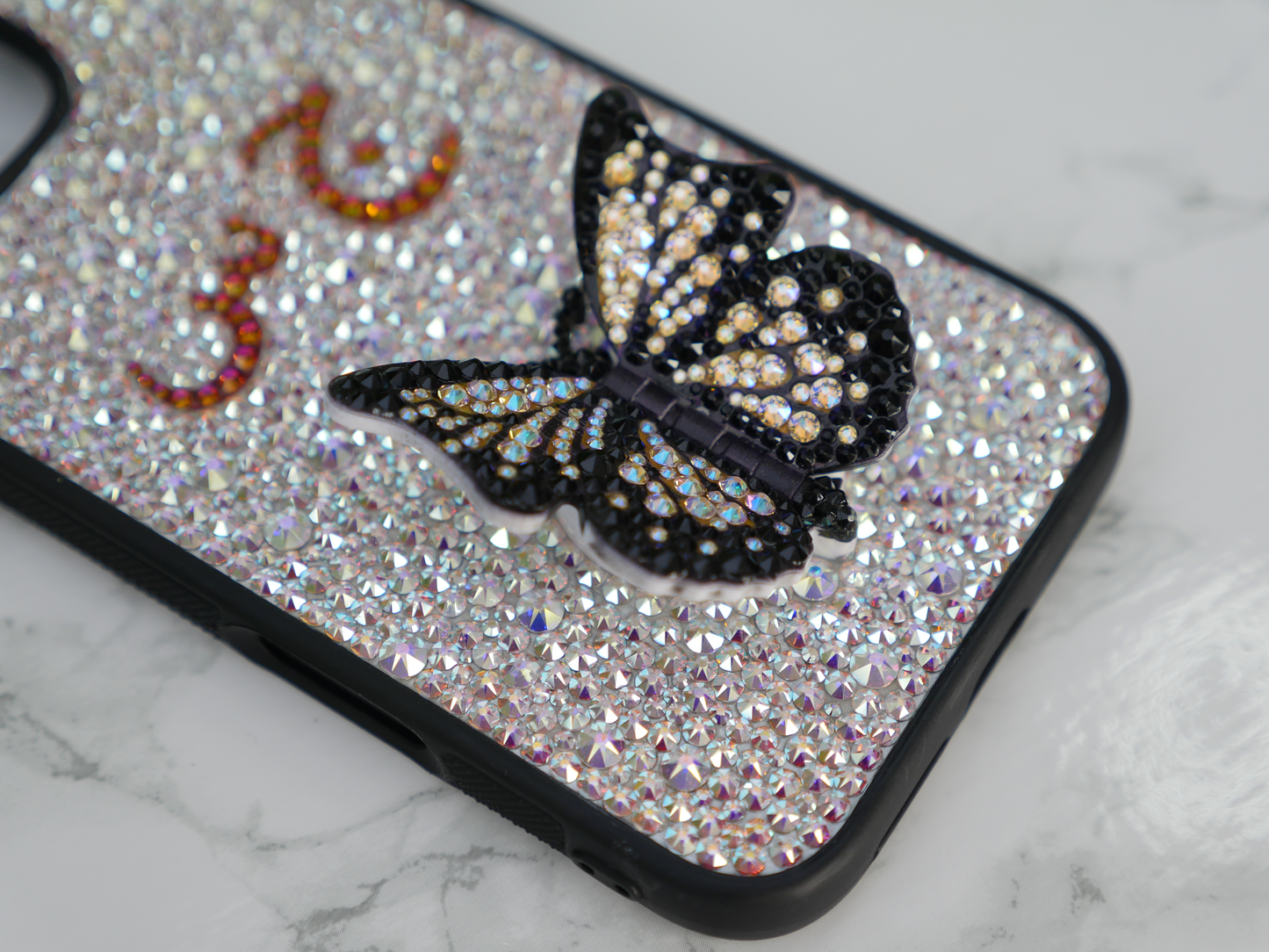 Moving Butterfly Phone Grip Design with your Arabic Initials (Design #423) - Crystal Iced
