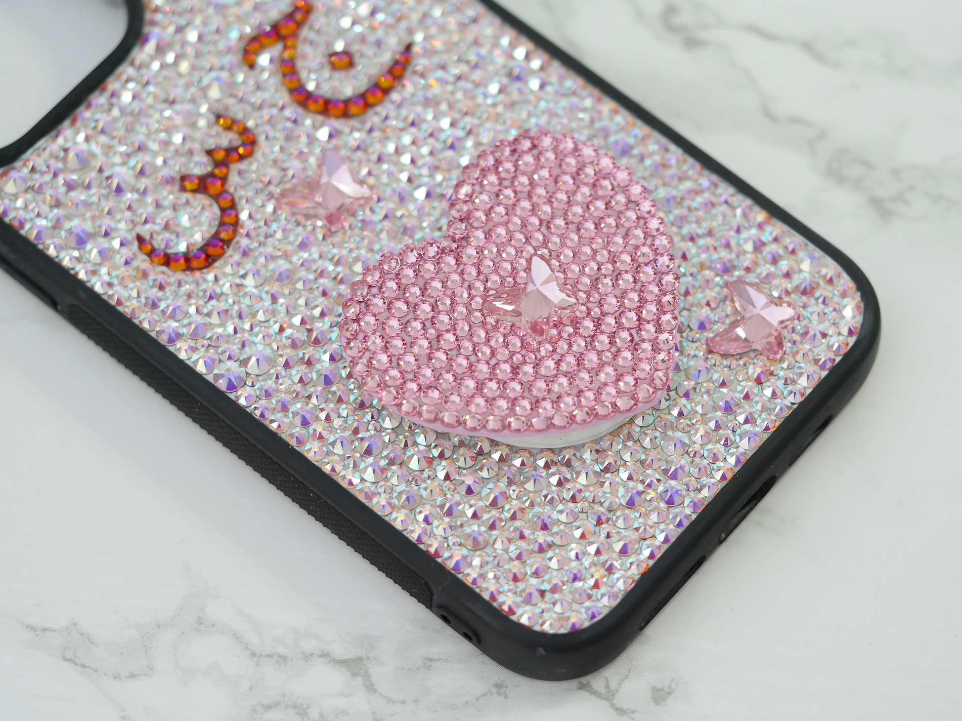 Pink Butterfly/Heart Phone Grip Design with your Arabic Initials (Design #428) - Crystal Iced