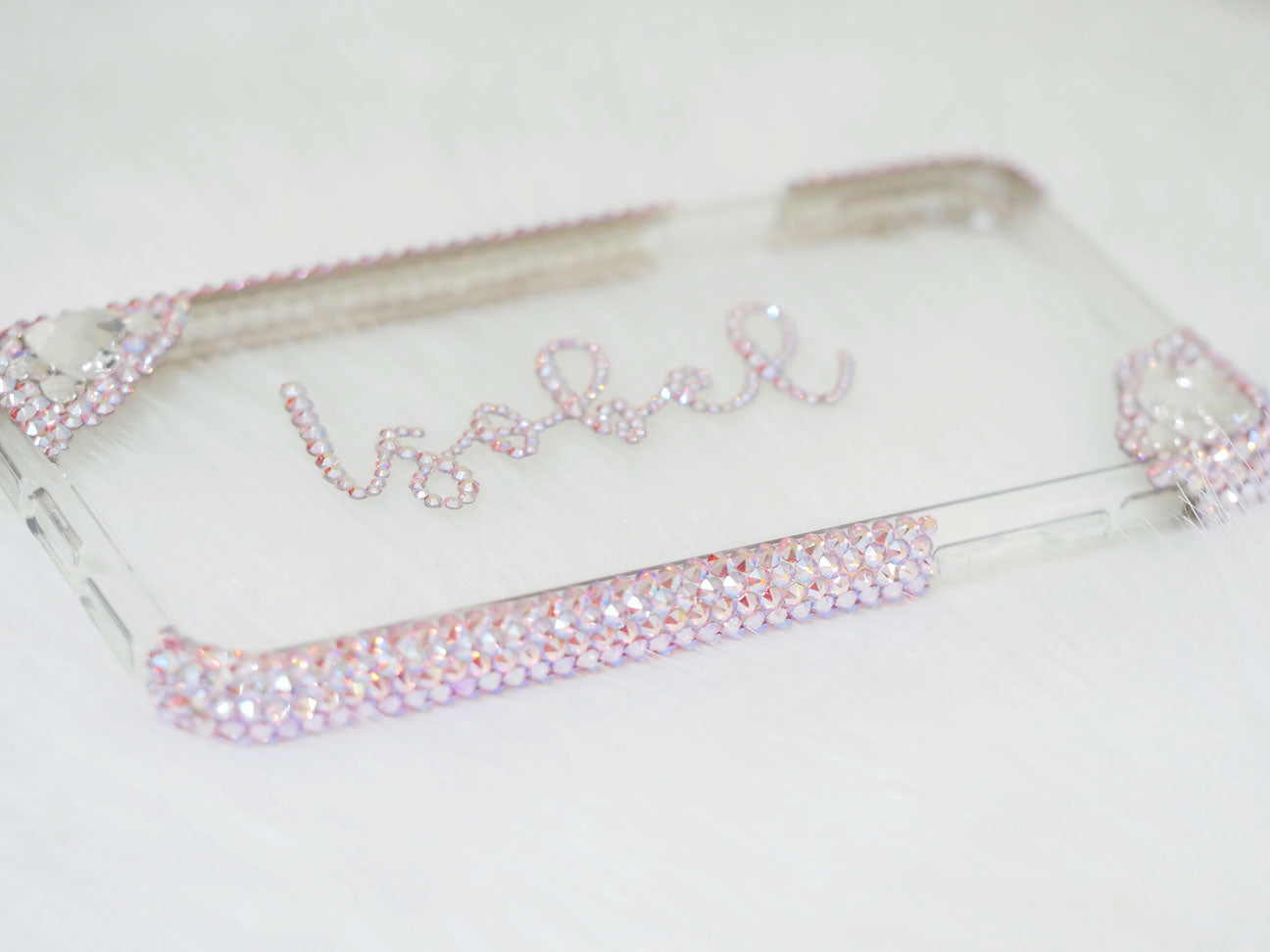 Simple Hearts Light Rose AB with your Name (Design #151) - Crystal Iced