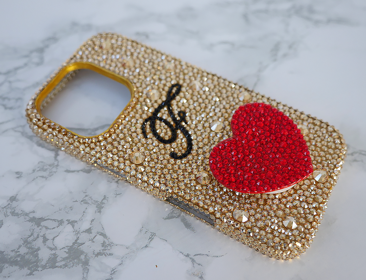 Golden Galaxy with Red Heart Phone Grip & Initial (Design #211)